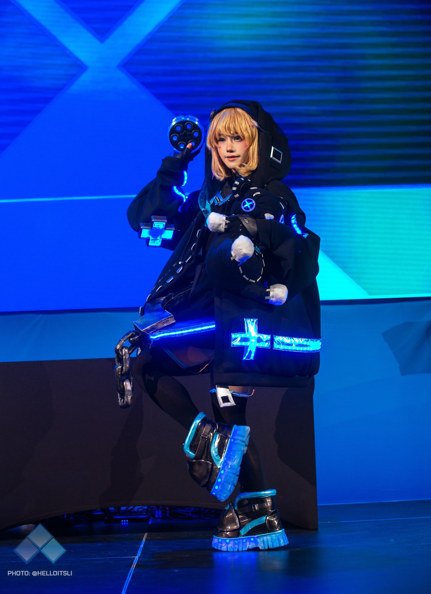 ONESAYA performing as Bridget on stage at the Evo 2024 Cosplay Contest in Las Vegas
